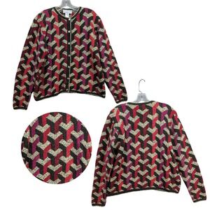 Vintage South Cotton Women's Hand Knit Cardigan Sweater Size M Heavy Geometric